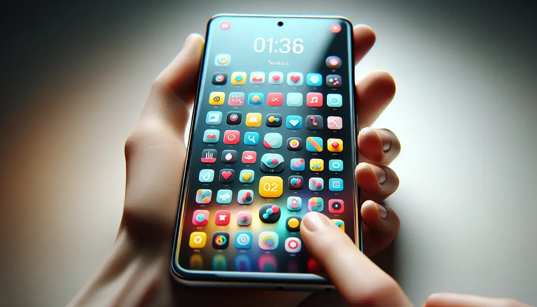 Mano sujetando smartphone moderno con pantalla mostrando coloridas aplicaciones, enfatizando interacción con interfaz de usuario en fondo neutro.