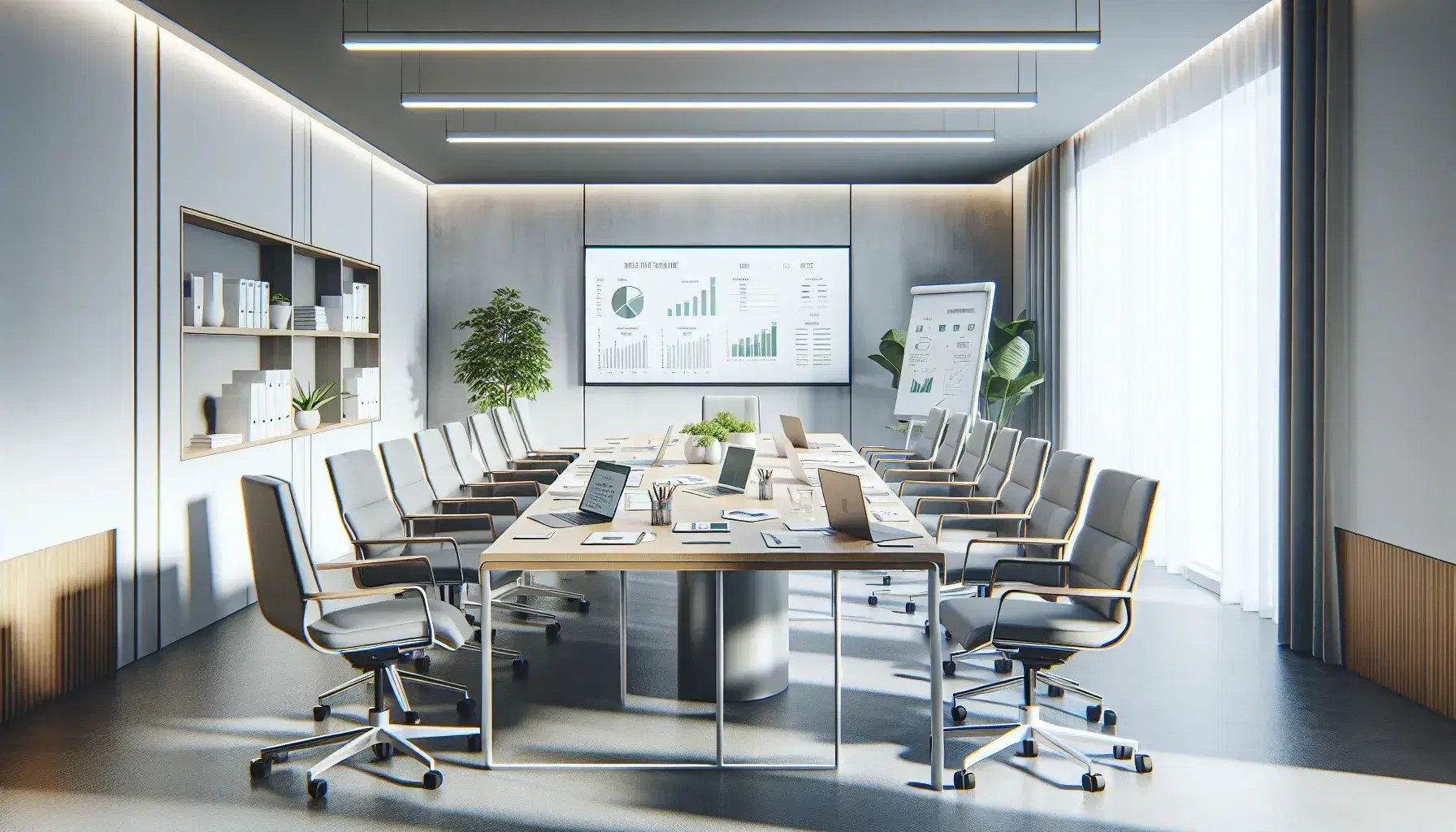 Sala de reuniones moderna y luminosa con mesa de madera, sillas ergonómicas grises, laptops, tabletas y teléfonos sobre la mesa, y una planta en la esquina.