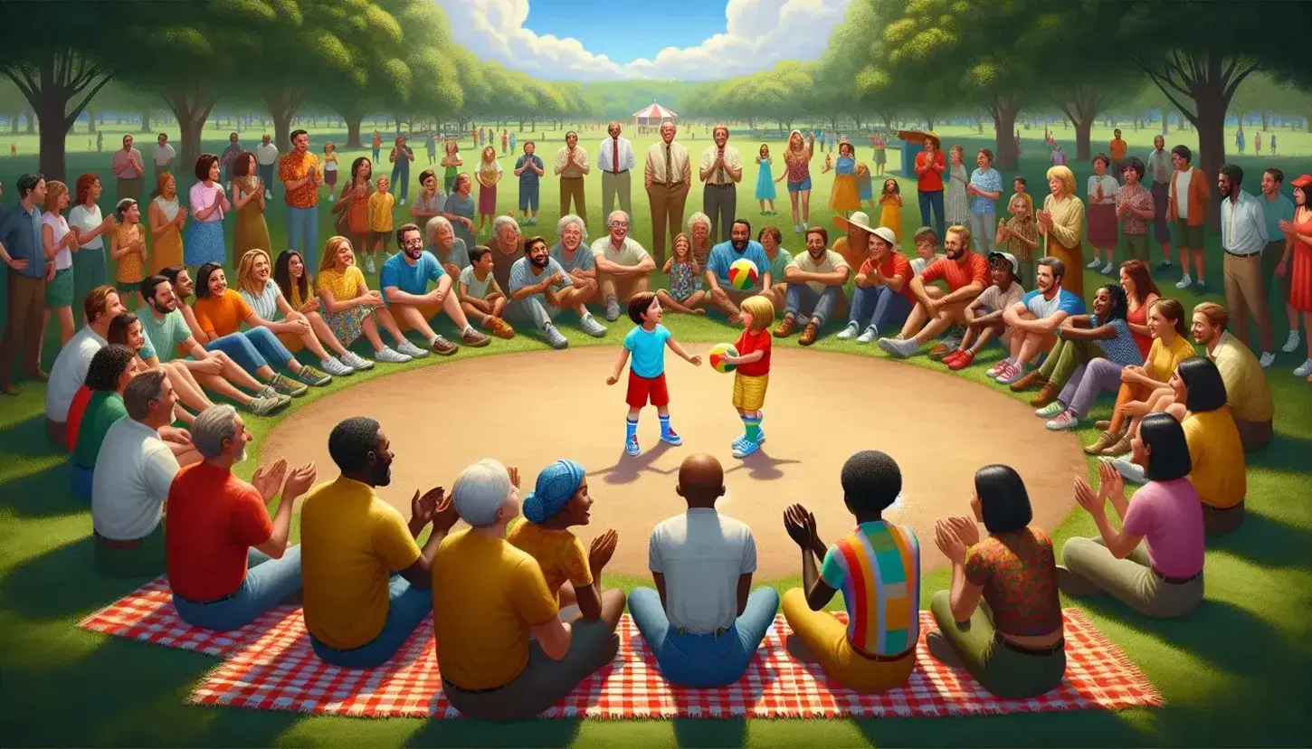 Happy multiethnic group in circle in a park, child in red t-shirt plays with yellow ball, green trees and blue sky.