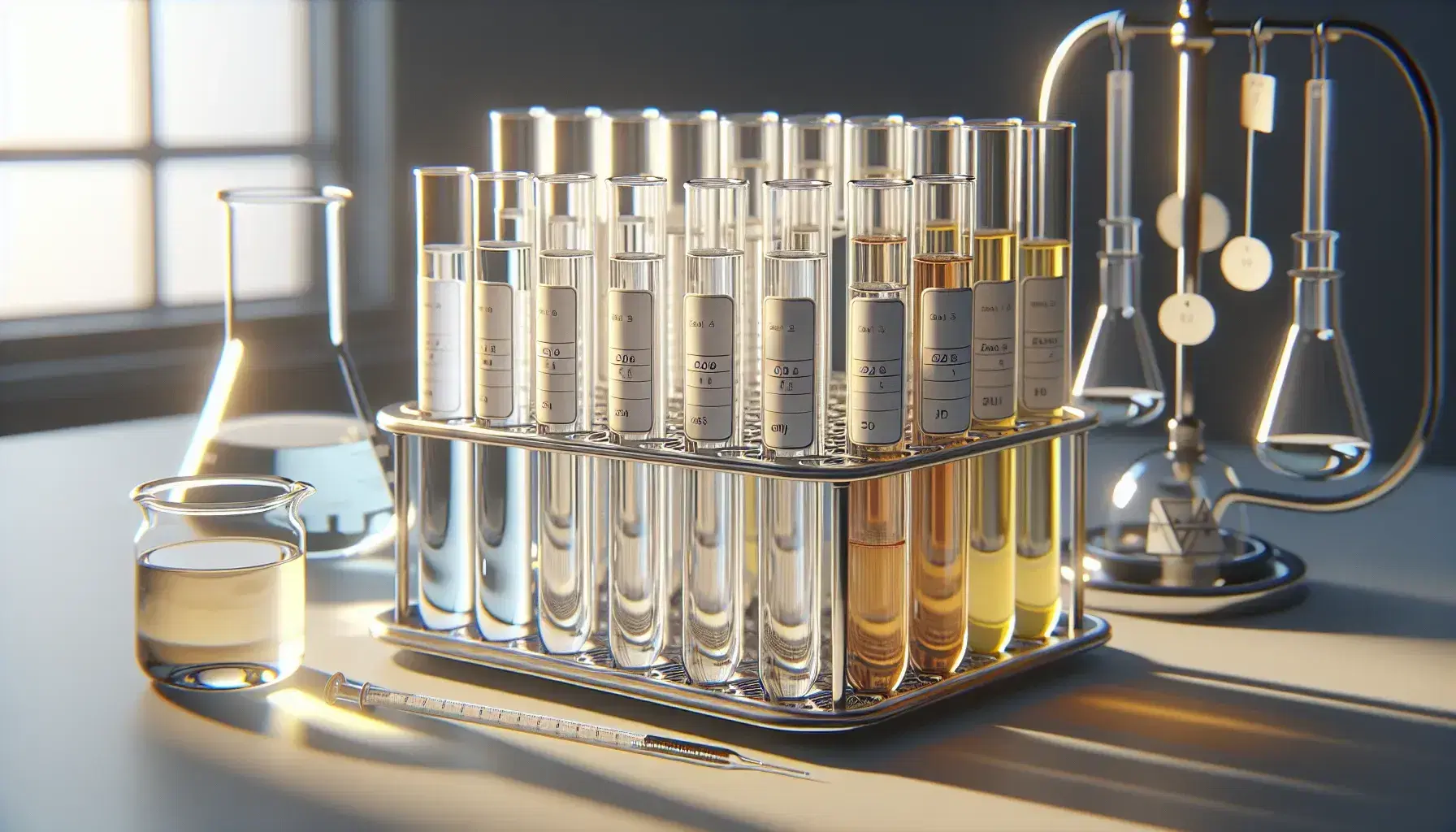 Tubos de ensayo de vidrio con líquidos de colores amarillo, incoloro y naranja en soporte metálico y pipeta, con matraz Erlenmeyer azul al fondo en laboratorio.