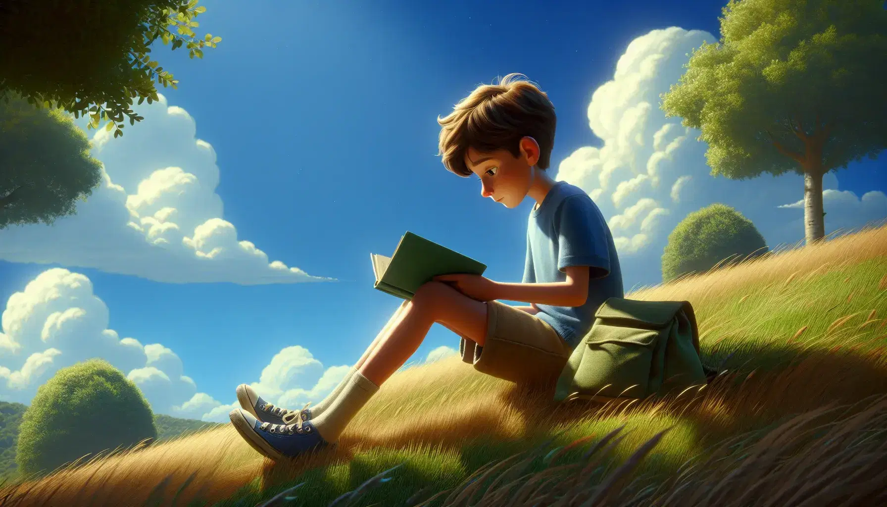 Ragazzo assorto nella lettura di un libro seduto su una collina erbosa con zaino verde oliva accanto, sotto un cielo azzurro con nuvole.