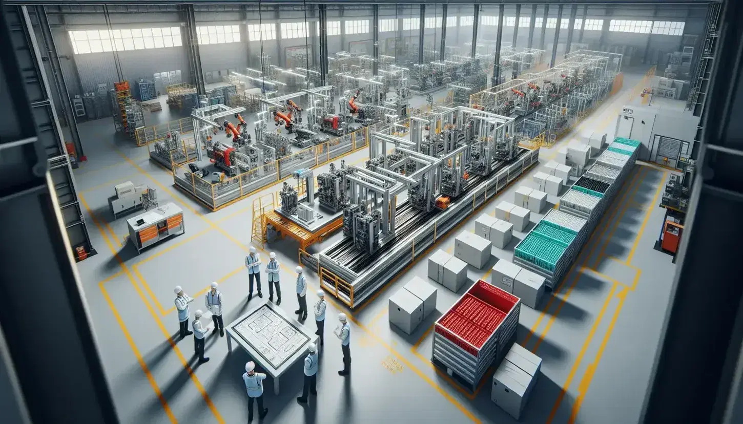 Vista aérea de planta industrial con línea de ensamblaje automatizada, brazos robóticos, estanterías con cajas y trabajadores discutiendo planos.