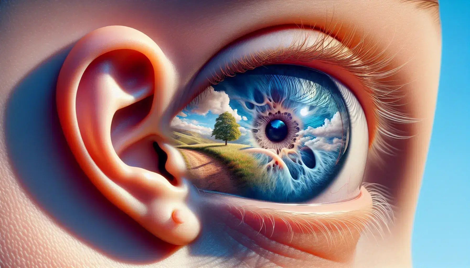 Ojo humano con iris azul y pupila dilatada reflejando paisaje verde y cielo azul, acompañado de oreja y labios parcialmente abiertos, con mano tocando superficie translúcida.