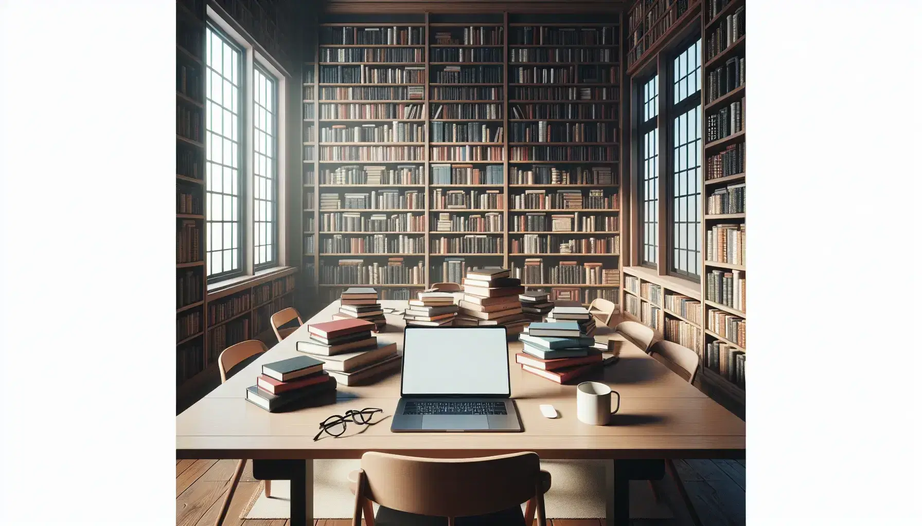 Biblioteca iluminada con estantes de madera y libros variados, mesa con laptop abierta, taza blanca y gafas, persona leyendo y ventana grande.