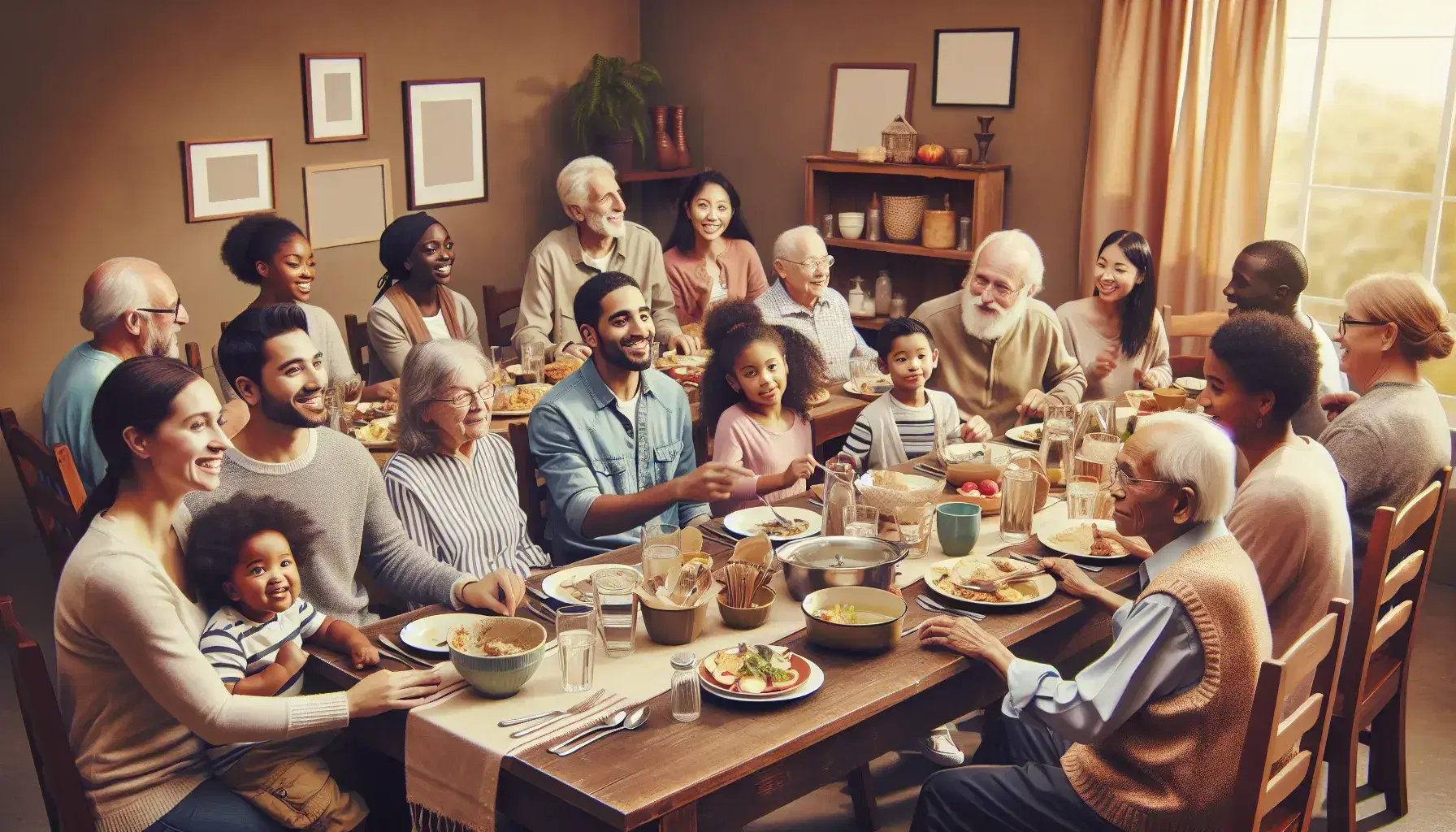 Multi-ethnic group of various ages around a set table sharing a meal in a welcoming room, expressing affection and participation.