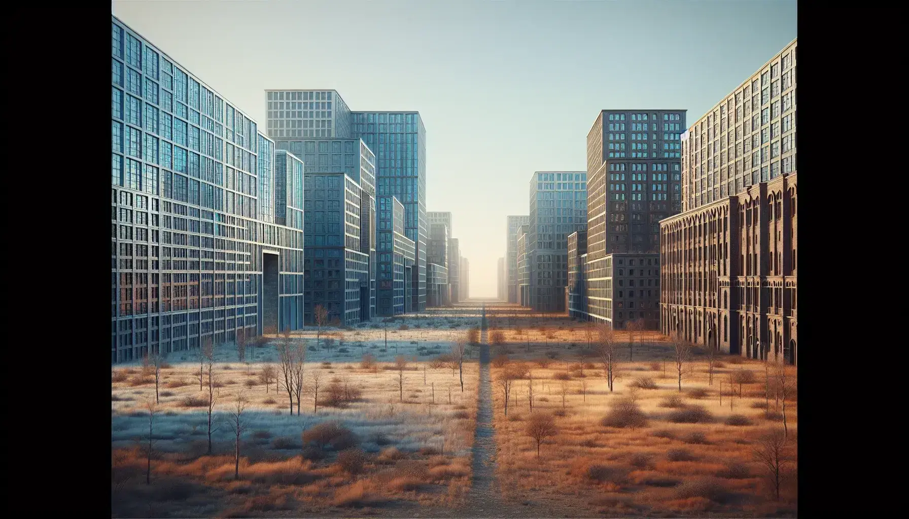 Contrasto architettonico in città con edifici moderni in vetro e acciaio a sinistra e costruzioni in mattoni rossi a destra, separati da terreno incolto.