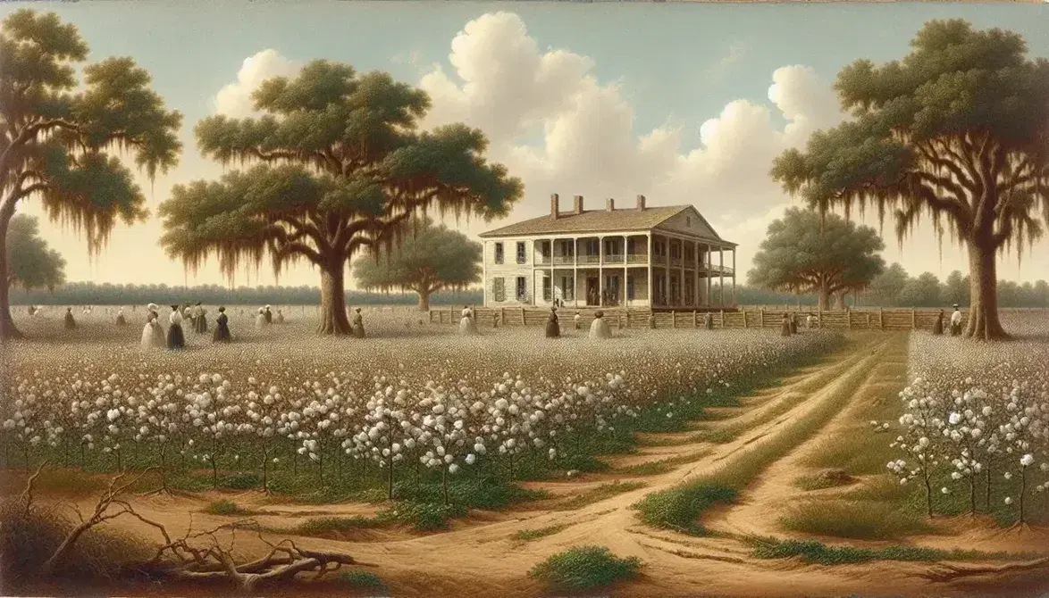 Mid-19th century cotton field with blooming plants, workers in period clothing, and a grand plantation house with columns under a clear blue sky.