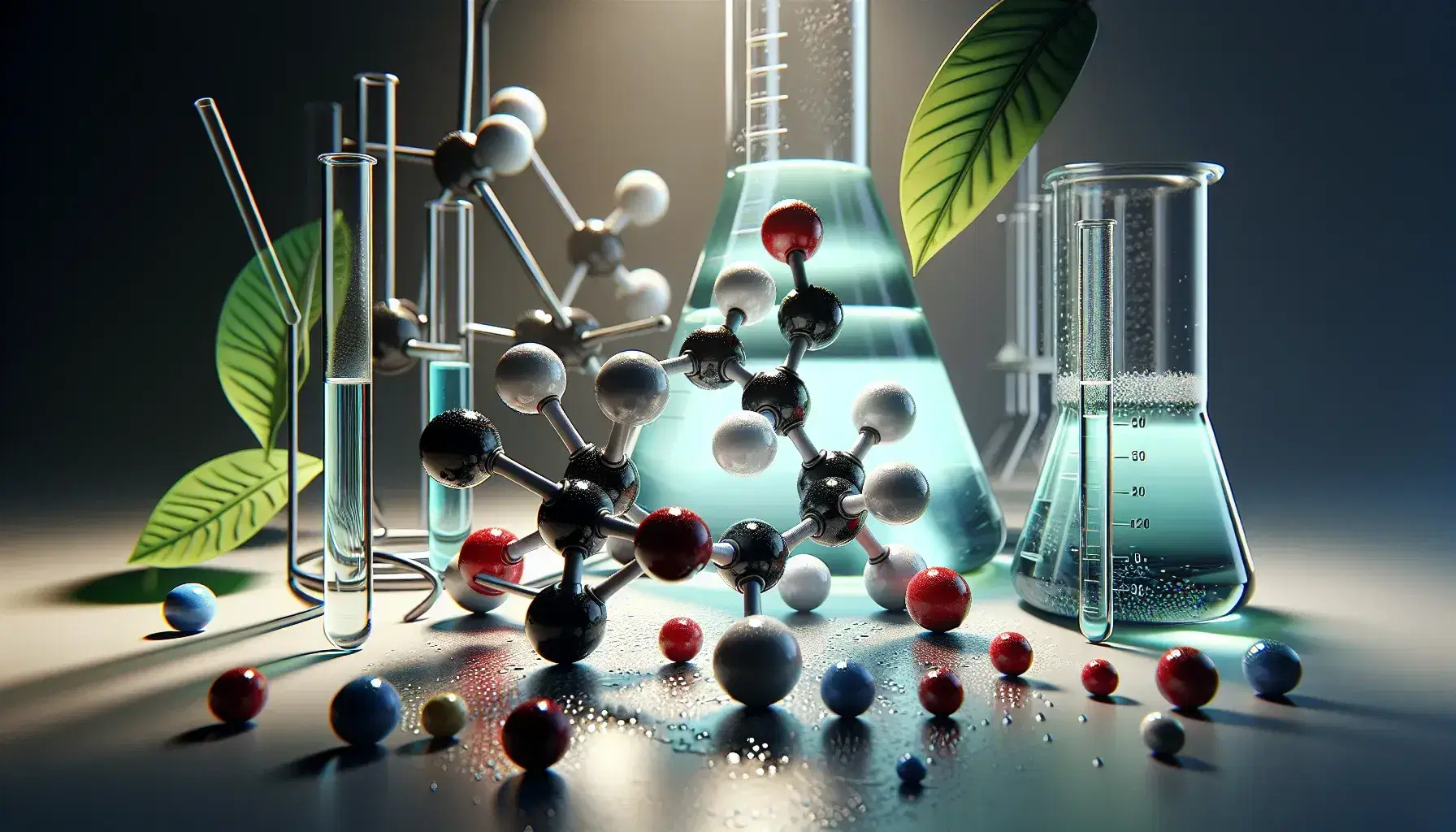 Modelos moleculares tridimensionales con esferas de colores que representan átomos conectados por varillas, junto a frascos con líquidos y hojas verdes con gotas de agua en un laboratorio.