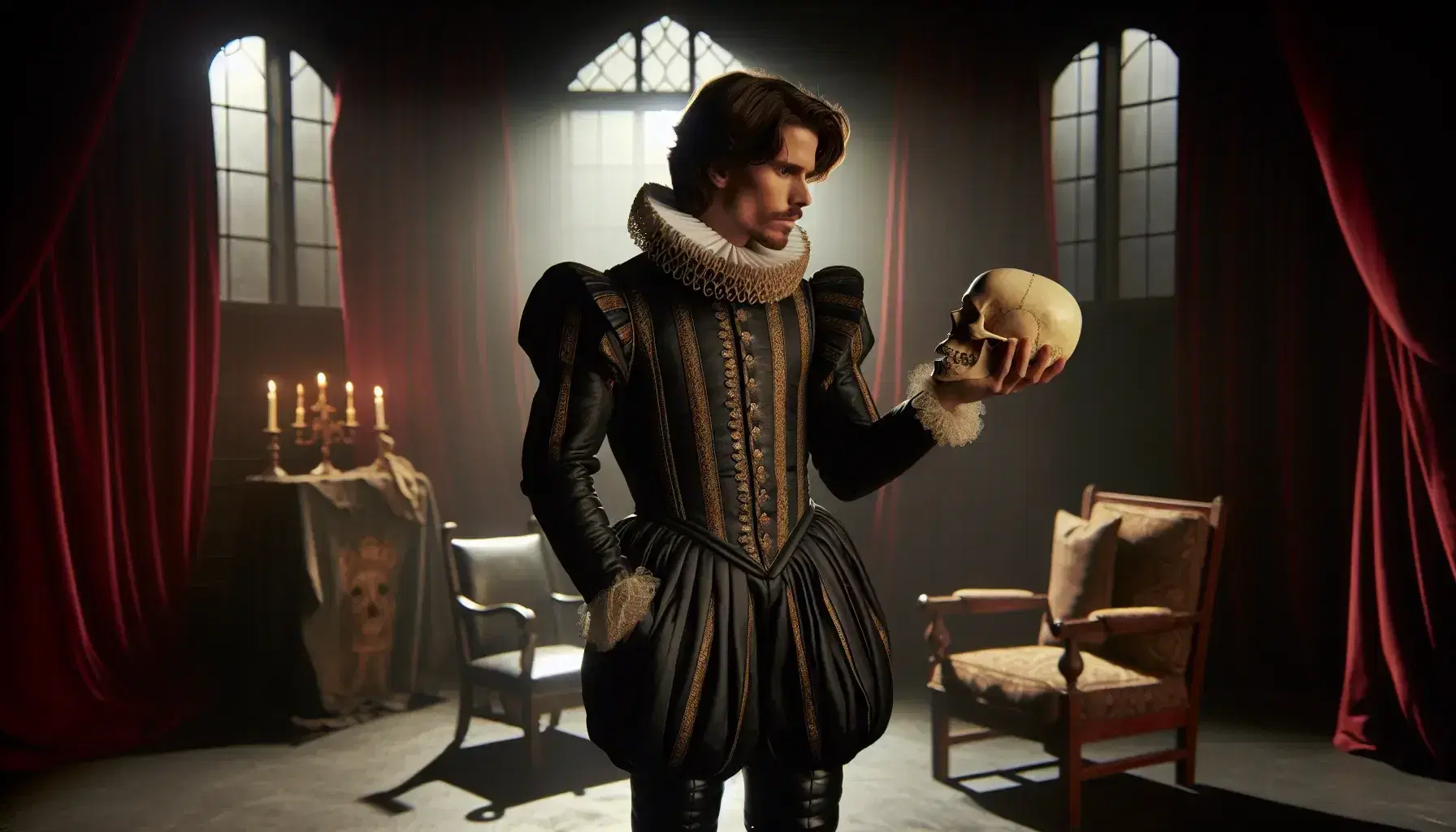 Attore in costume elisabettiano con giubbotto nero e dettagli dorati, tiene teschio su palcoscenico teatrale con tende rosse.