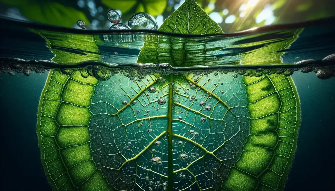 Hoja de planta verde sumergida en agua con red de venas visibles y burbujas de aire ascendiendo, reflejos de luz y gotas de agua en superficie.