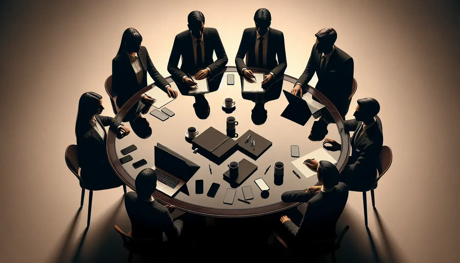 Grupo de cinco profesionales en reunión de trabajo alrededor de una mesa redonda con un portátil, móviles, papeles y una taza de café.
