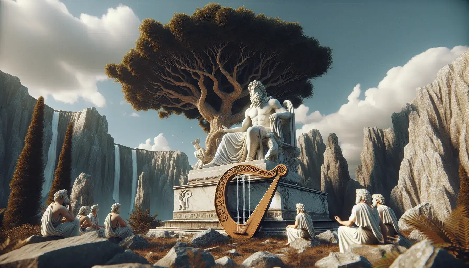 Statua marmorea di Zeus con fulmine seduto su trono in paesaggio roccioso, albero frondoso sullo sfondo, antica lira a destra e tre persone in abiti greci a sinistra.