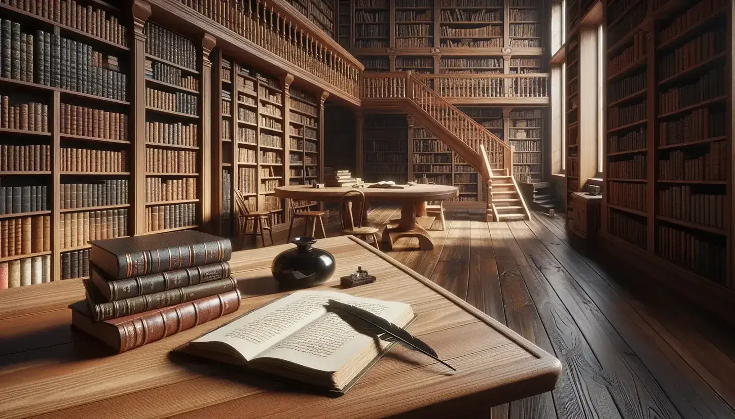 Biblioteca acogedora con estanterías de madera oscura llenas de libros, mesa con manuscrito antiguo, pluma y tintero, y escalera al fondo.