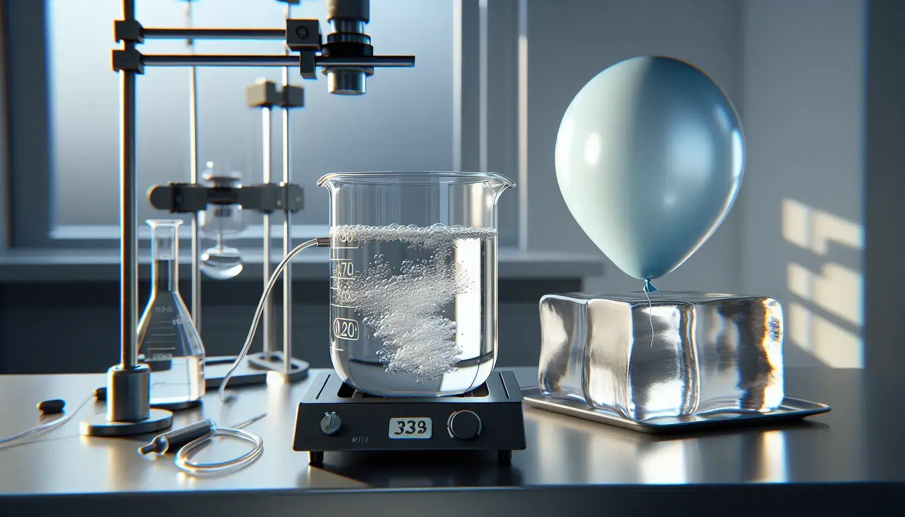 Laboratorio científico con matraz de líquido hirviendo sobre placa caliente, globo inflado y bloque de hielo en superficie metálica.