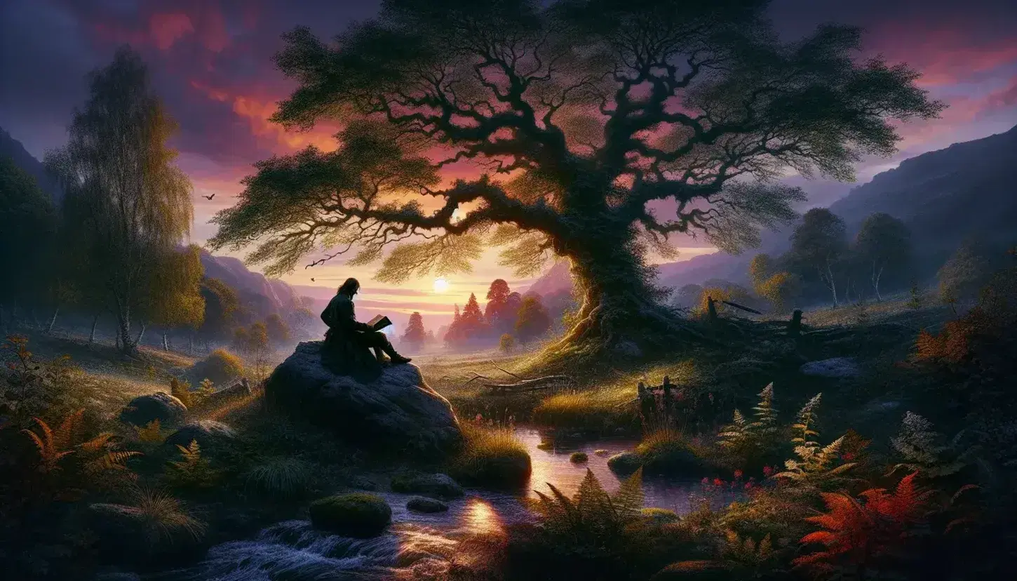 Paisaje natural al atardecer con árbol frondoso y figura humana leyendo un libro sobre una roca, reflejos en arroyo y montañas al fondo.