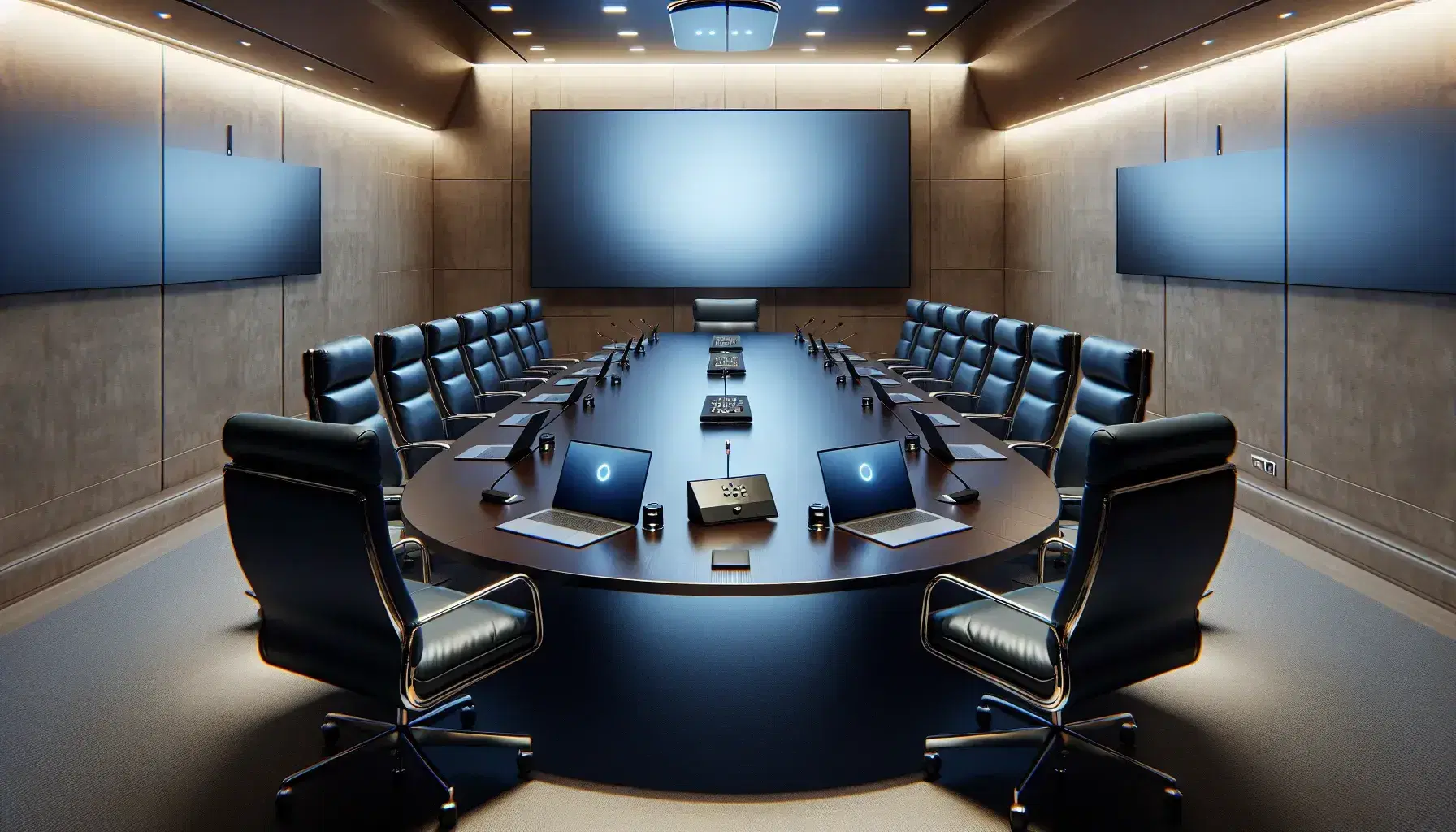 Modern conference room with oval wooden table, navy blue leather chairs, laptops, a blank flat-panel display, and an active speakerphone, illuminated by recessed lighting.
