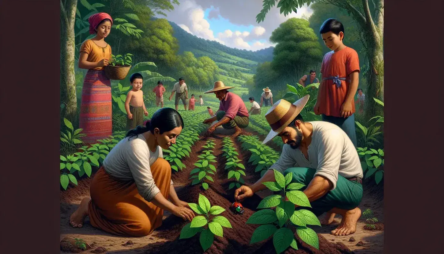 Multi-ethnic group plants in the countryside: Hispanic woman seeds, Middle Eastern man takes care of plants, children explore flora, adults discuss.