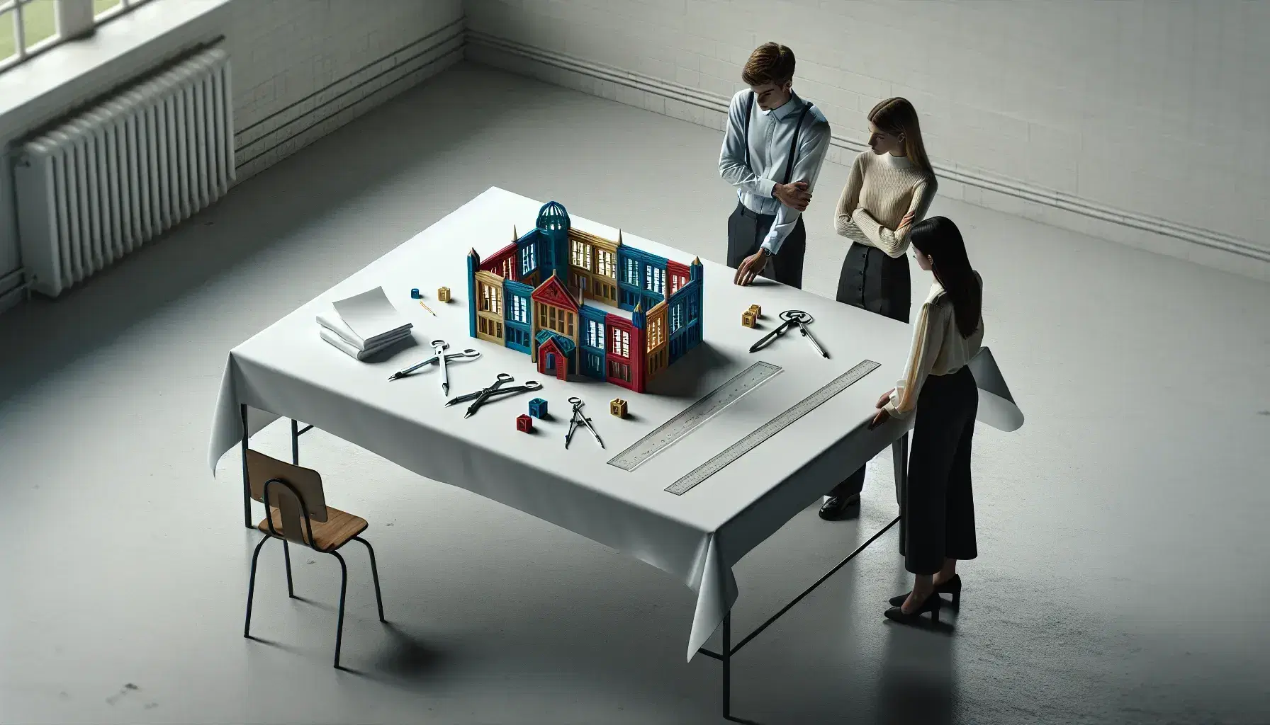 Tres profesionales discuten un proyecto de construcción escolar representado por un modelo de bloques de colores, con regla, compás y papeles sobre una mesa.