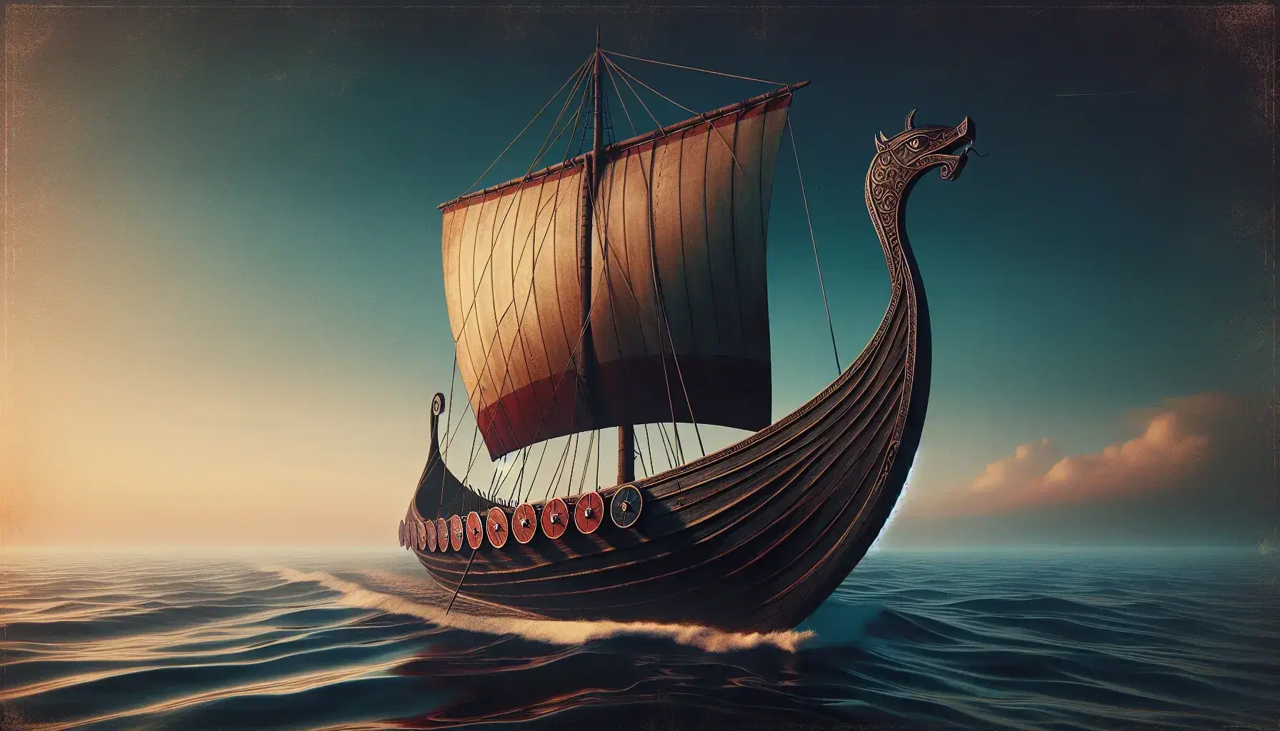 Traditional Norse longship with dragon head prow, red and black shields, billowing white sail on calm blue sea under clear gradient sky.