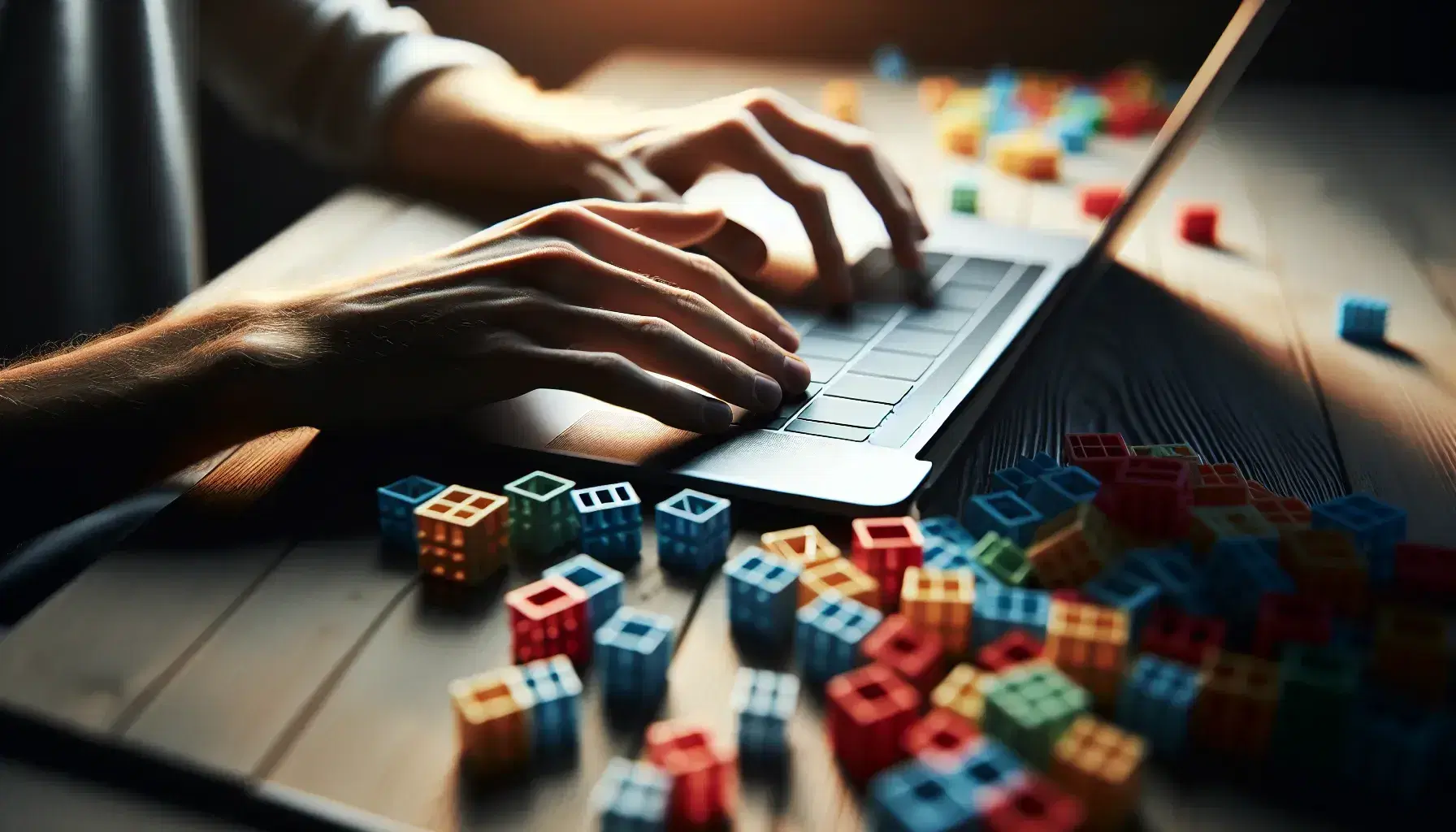 Hands resting on silvery modern laptop keyboard, fingers ready to type, background with blurred colorful blocks on wooden surface.