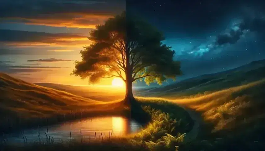 Natural landscape with sunset and night, tree divided into light and shadow, reflections of sky in a pond, day and night fauna.