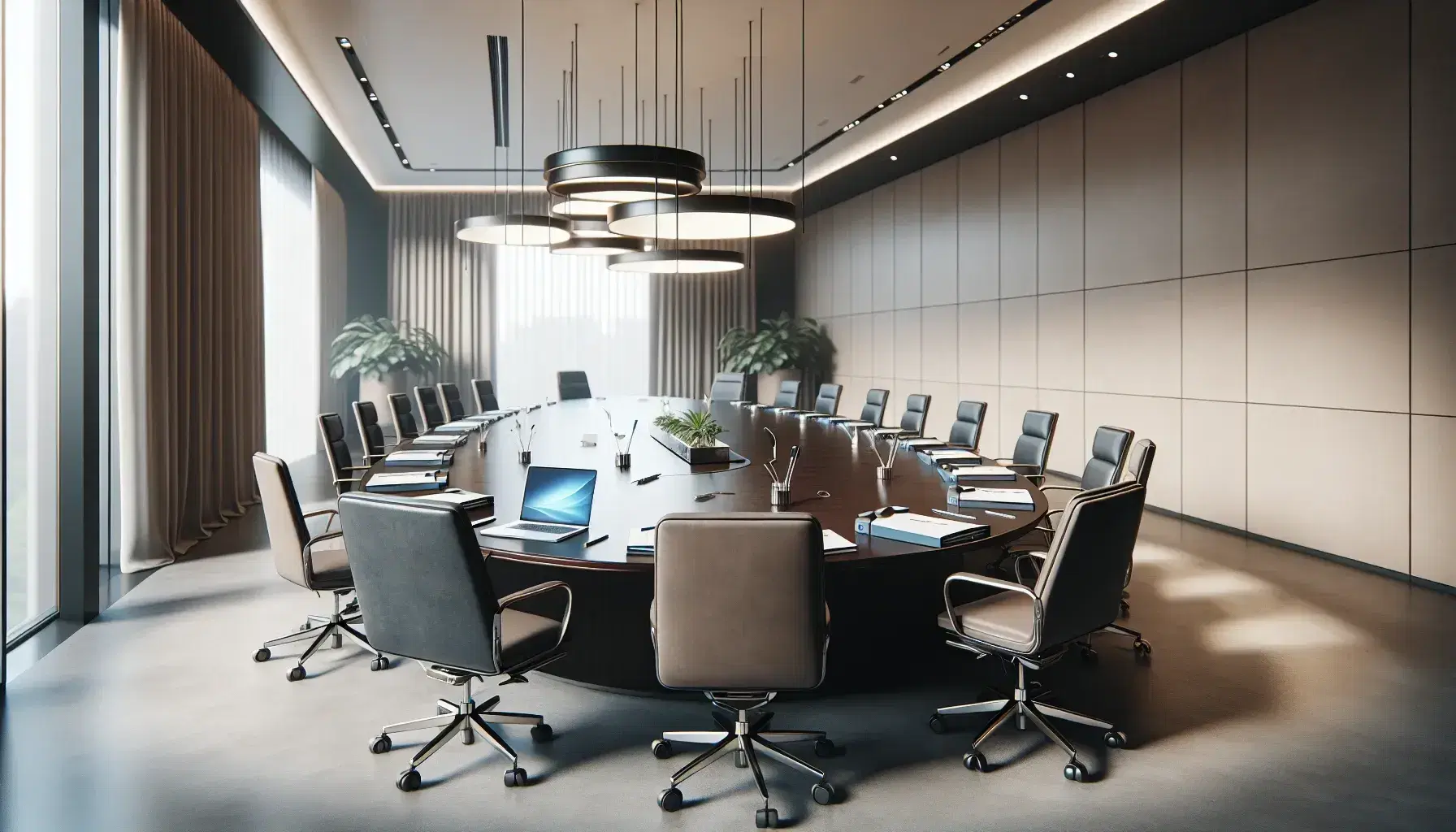 Sala de reuniones amplia con mesa ovalada de madera, sillas grises, documentos, carpetas de colores y laptop cerrado, iluminada suavemente y con planta decorativa.