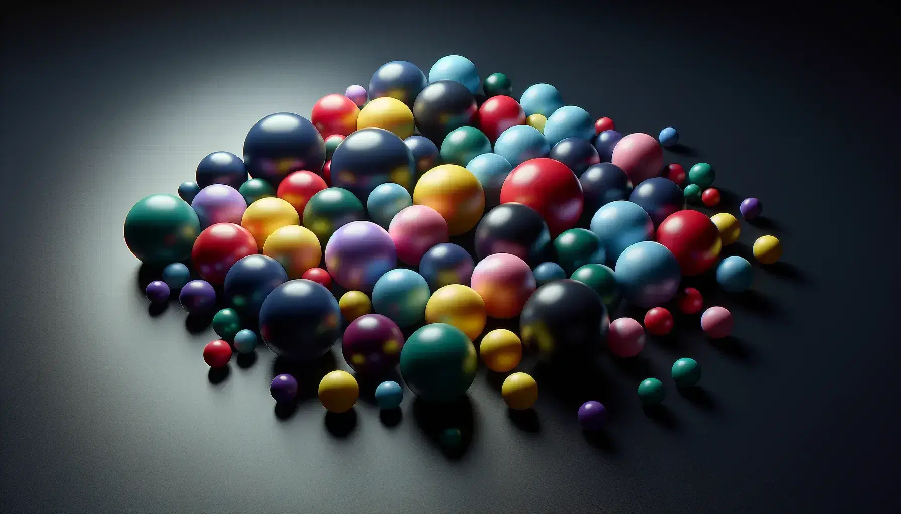 Colorful rubber balls scattered on a matte black surface, with shades of red, blue, green, yellow and purple, and soft shadows.