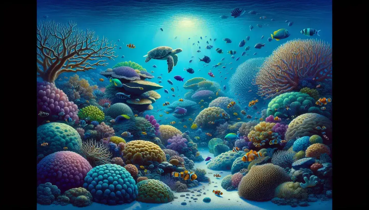Vivid underwater scene with branching and massive corals, colorful tropical fish and a sea turtle on a coral reef.