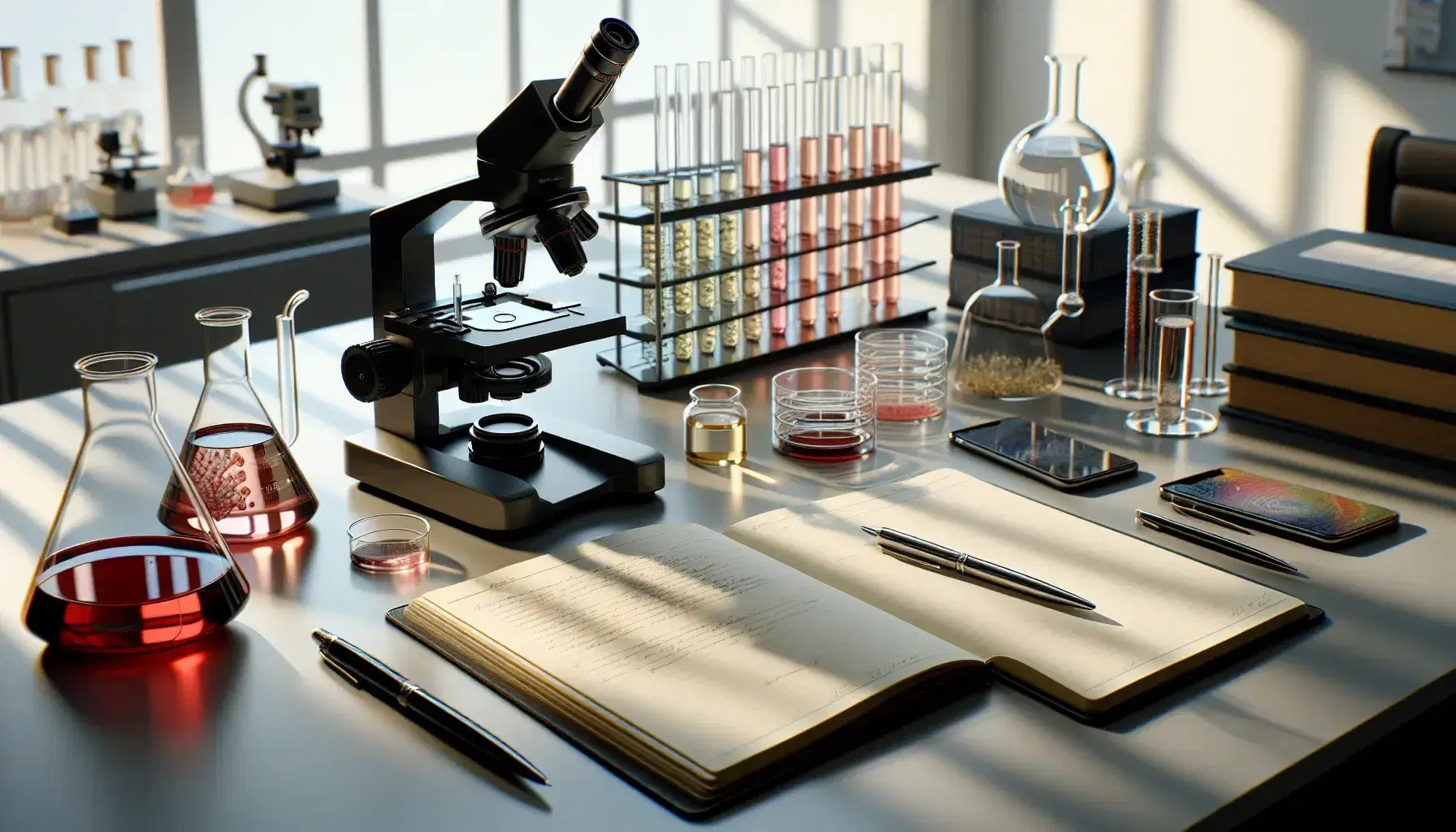 Organized scientific research desk with digital microscope, colorful petri dishes, blank notebook with pen, beakers in size order, and data charts on computer monitor.