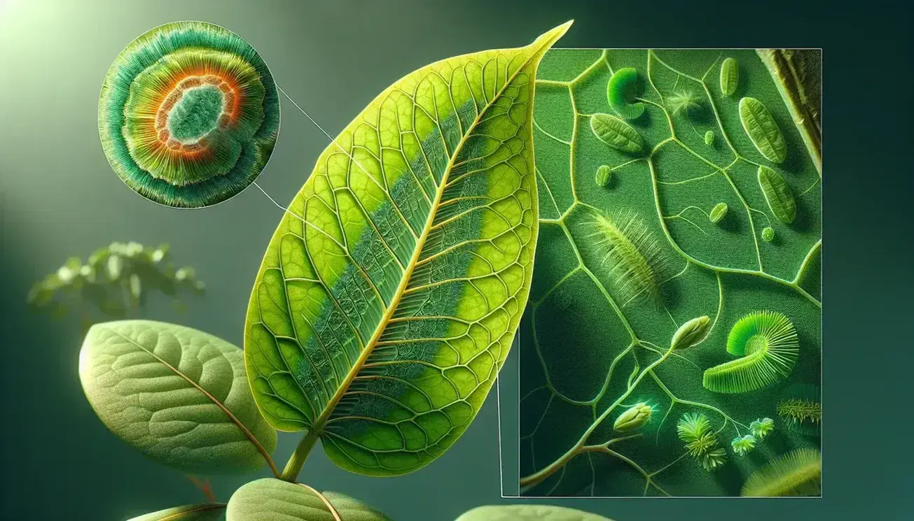 Close-up of a translucent green leaf with visible veins, alongside detailed illustrations of a mitochondrion and a chloroplast, highlighting plant biology.