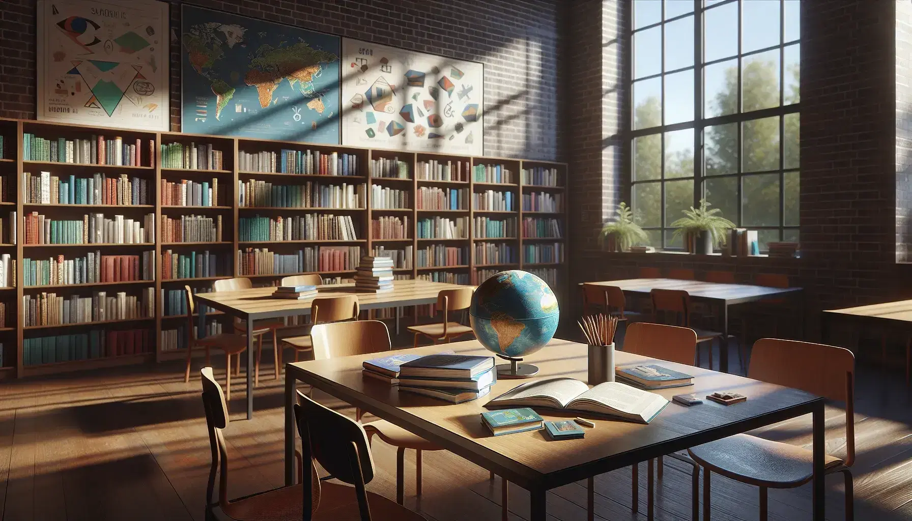 Biblioteca escolar iluminada con estantes de madera y libros variados, mesa con libros abiertos y globo terráqueo, ventana al fondo con vista a árboles.