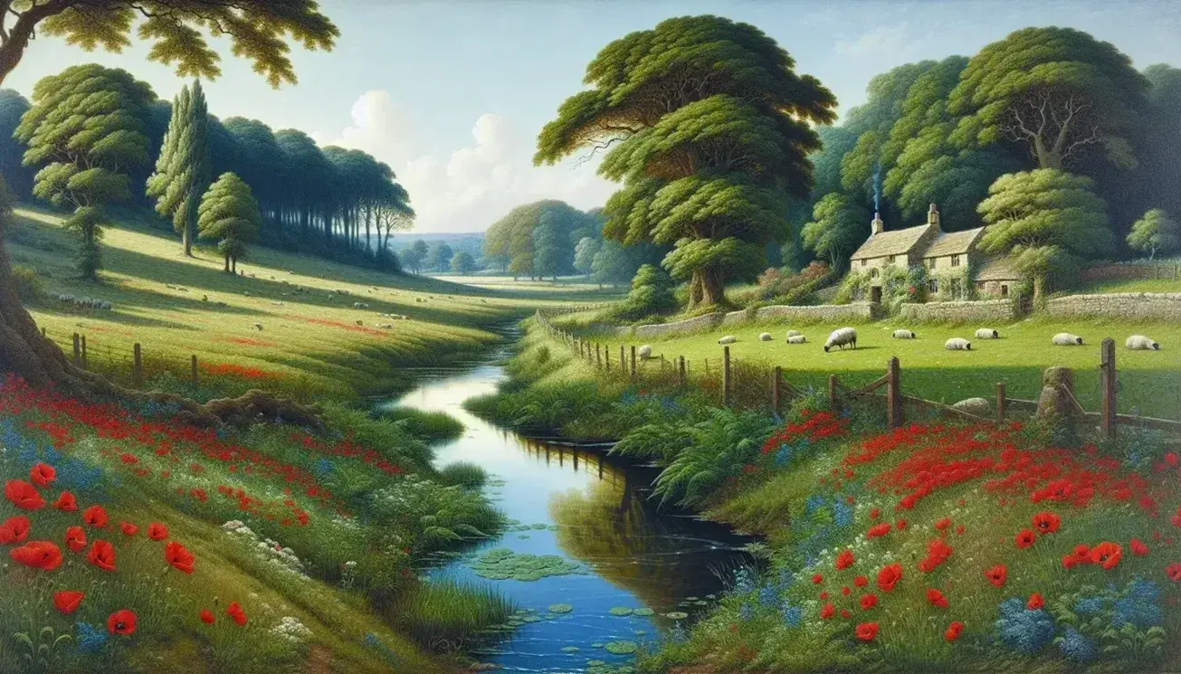 Pastoral English countryside scene with red poppies, grazing sheep by a stream, and a thatched-roof cottage nestled among mature trees.