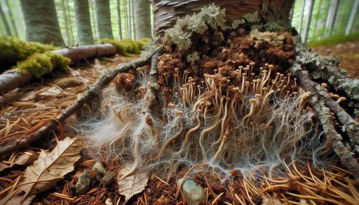 Tree root system with intertwined mycelium in a forest floor setting, showcasing a symbiotic relationship amid rich, moist soil and organic debris.