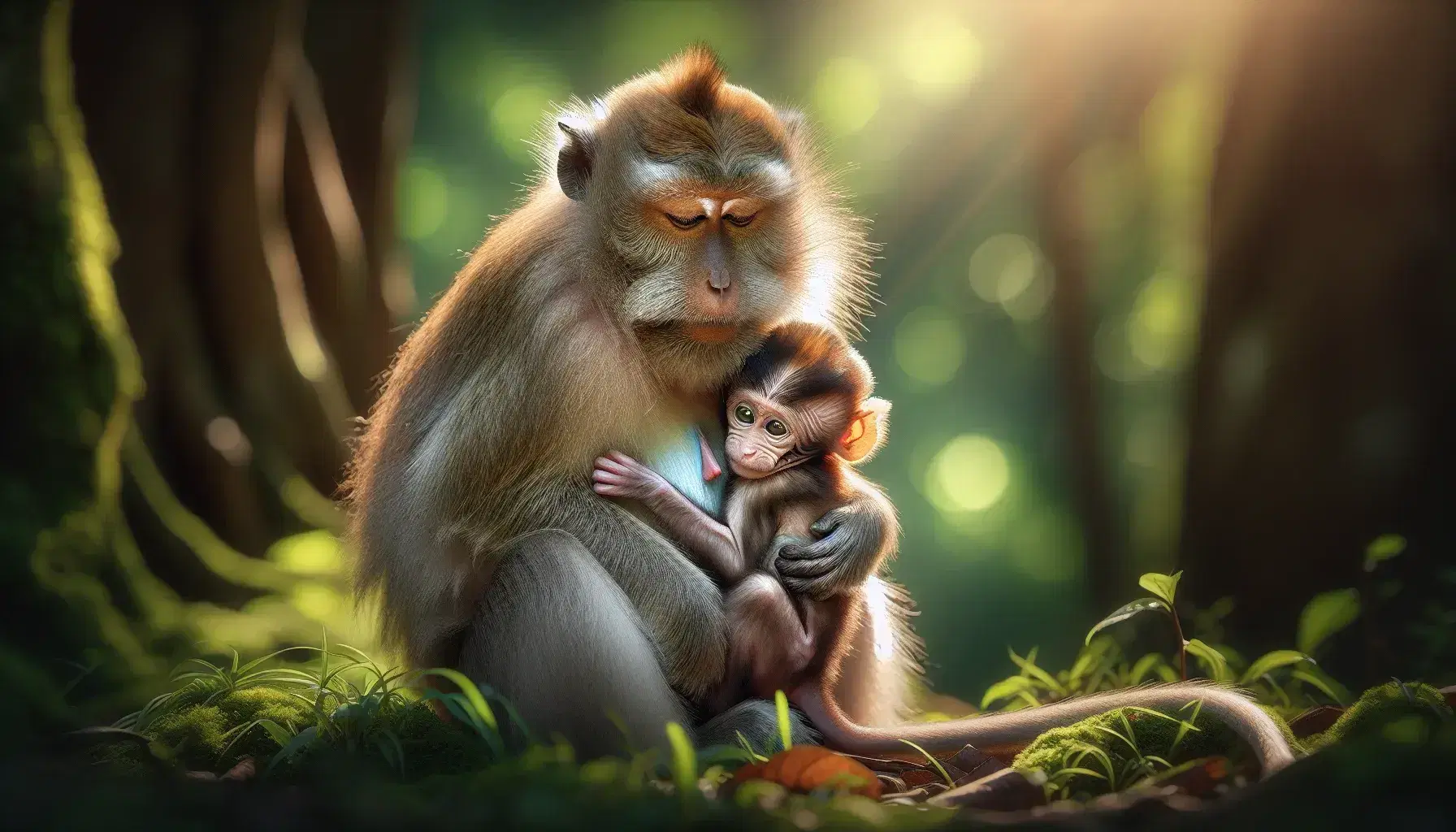 Mother rhesus monkey with brown and gray fur tenderly holds a lighter baby on a meadow, blurred forest background.