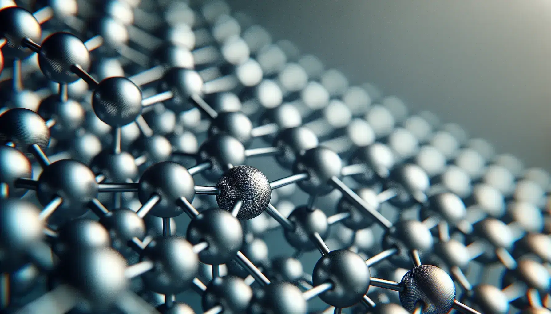 Three-dimensional crystalline structure with silver spheres interconnected by thin lines, on a gray gradient background to highlight the regular geometry.