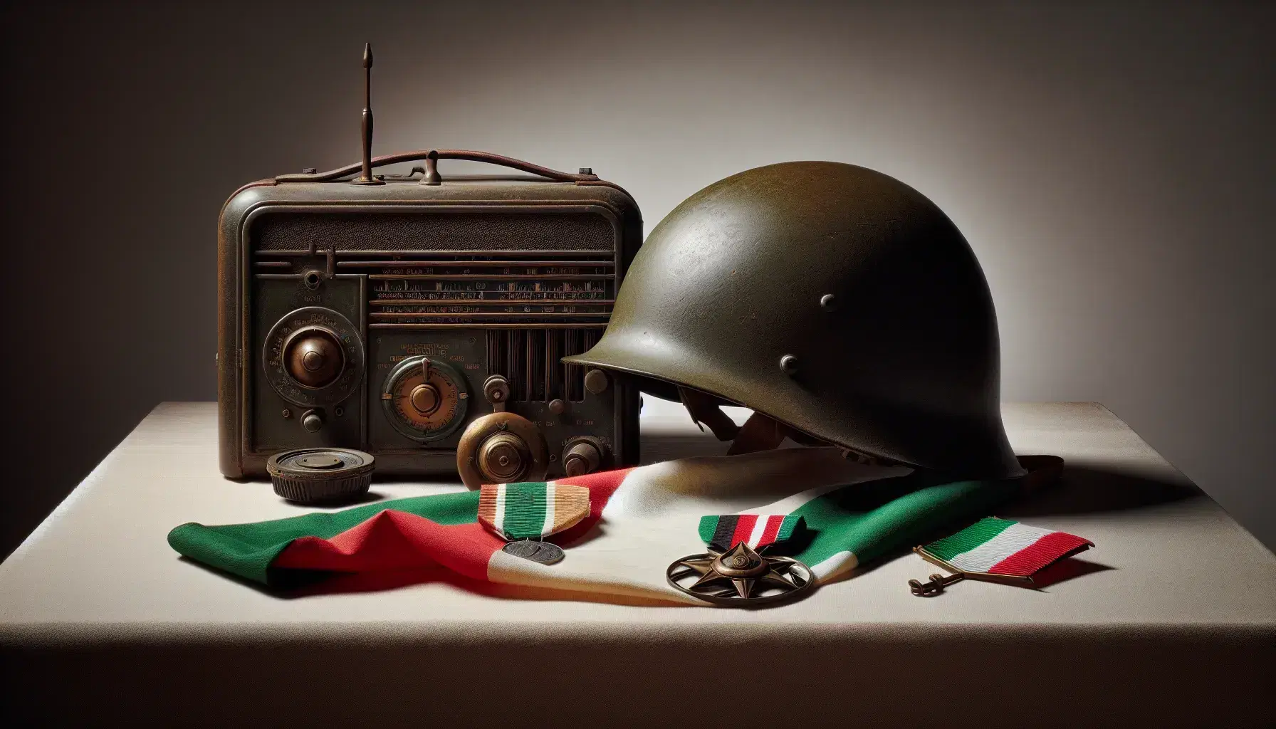 Elmetto militare verde oliva della Seconda Guerra Mondiale, medaglia d'onore con nastro tricolore, bandiera italiana e stella militare in bronzo su sfondo neutro.