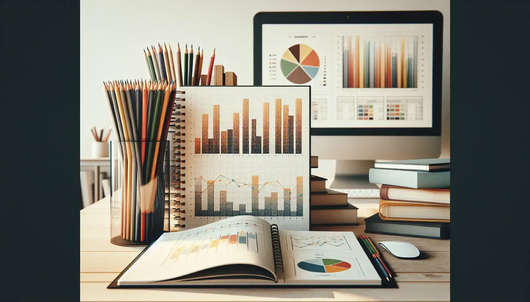 Tidy desk with open notebook on blank charts, colored pencils in transparent pencil holder, turned off computer and blurry stacked books.