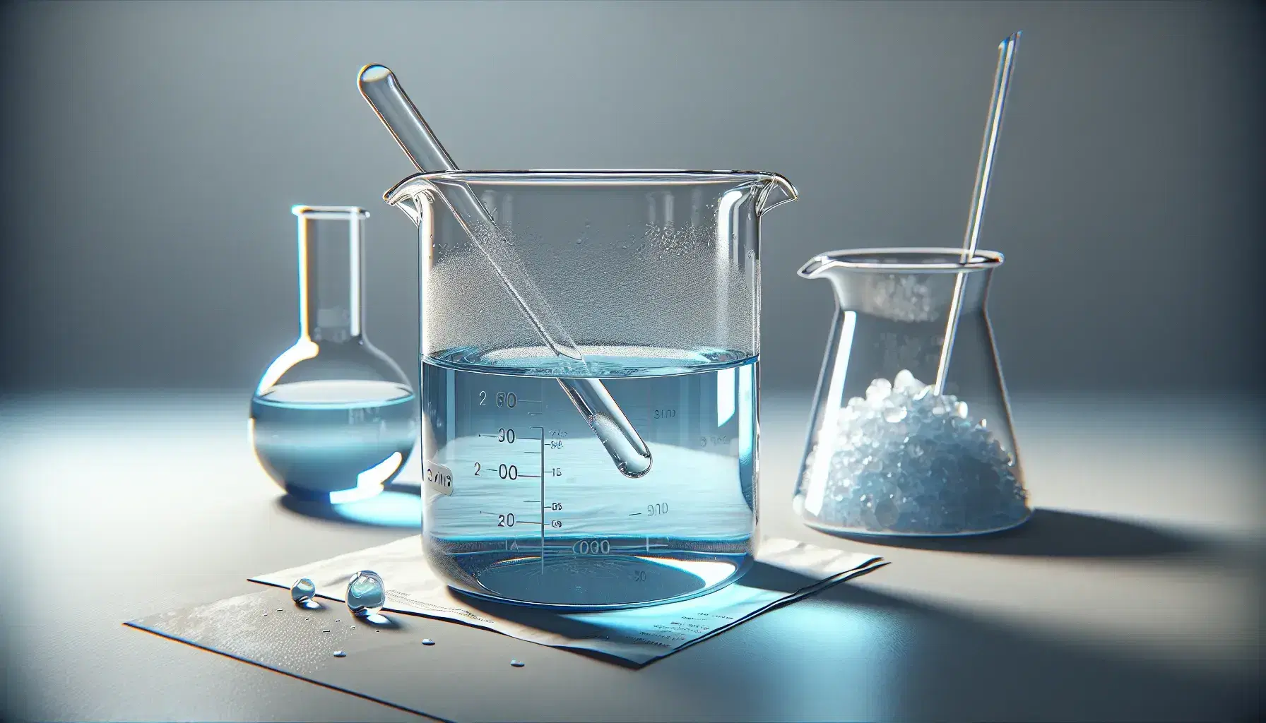 Glass beaker with transparent blue liquid, stirring rod and white crystals on weighing paper, graduated container with colorless liquid next to it.