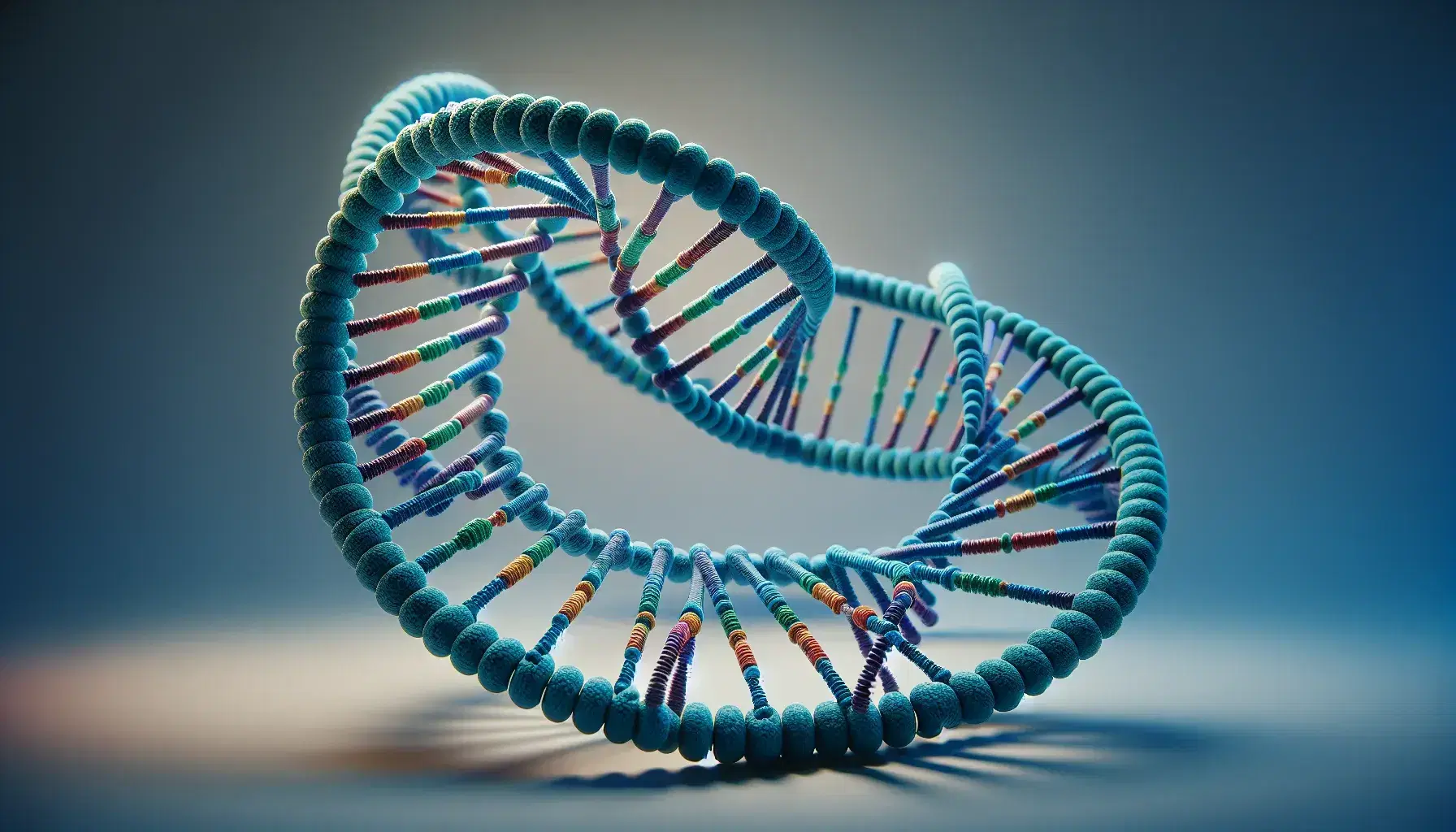 Modelo 3D detallado de la doble hélice de ADN con cadenas entrelazadas y pares de bases nitrogenadas en colores representativos, sobre fondo neutro.