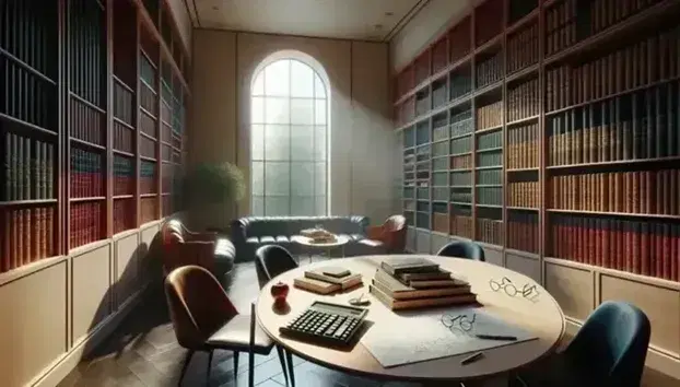 Biblioteca tranquilla con scaffali di libri in legno scuro, tavolo ovale con sedia, calcolatrice, mela rossa e foglio con grafici.
