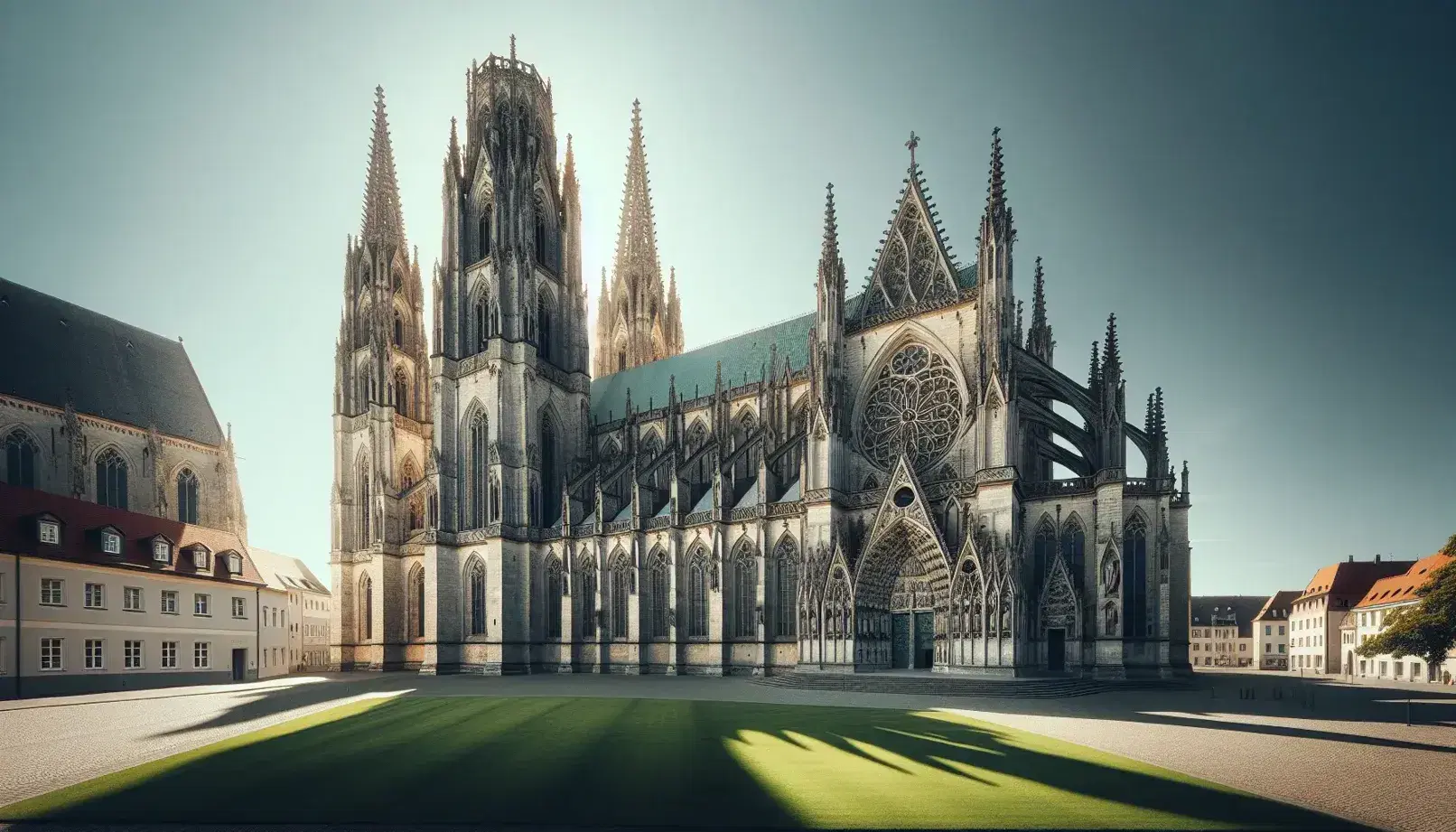 Vista panorámica de una catedral gótica con torres puntiagudas y contrafuertes voladores en un día soleado, cielo azul despejado y césped verde en primer plano.