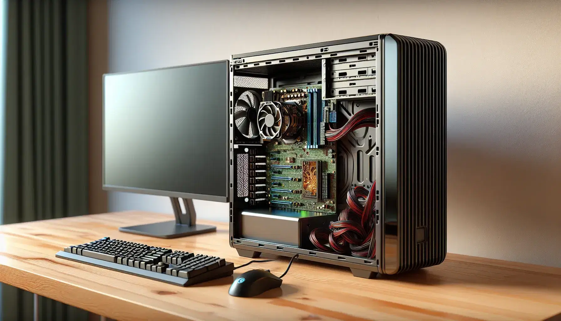 Scrivania in legno chiaro con PC desktop aperto mostrante componenti interni, monitor acceso, tastiera e mouse neri, manuale aperto sullo sfondo.