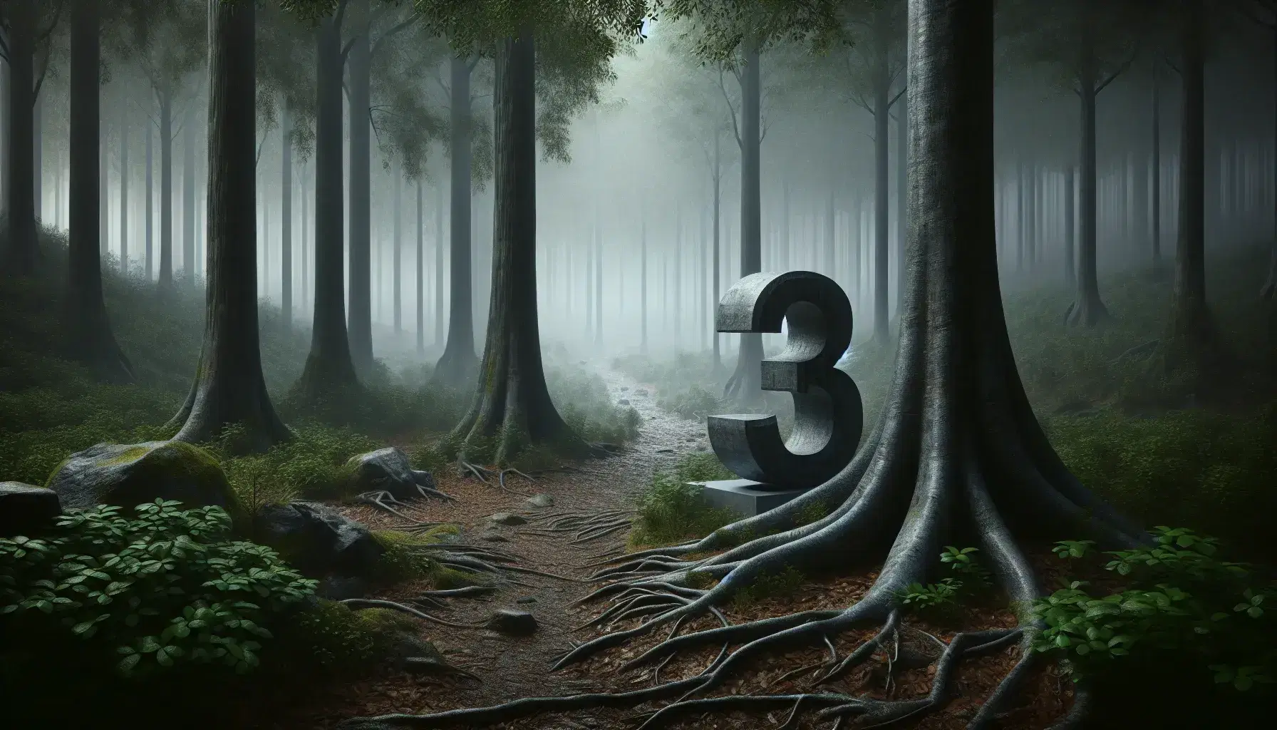 Foresta nebbiosa con alberi alti e sentiero di terra, scultura di numero tre in pietra grigia tra le radici e foglie cadute.