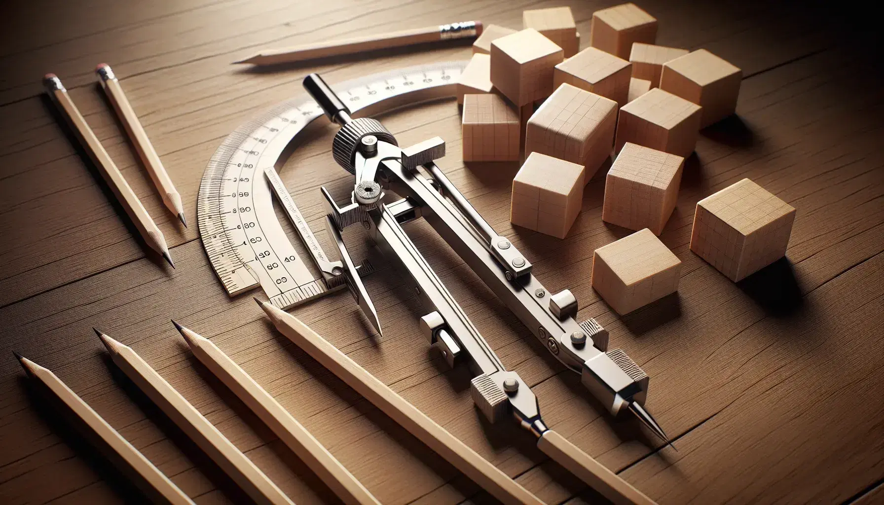 Close-up view of mathematical tools on a wooden table, including a steel compass, clear protractor, hexagonal pencils, and wooden geometric blocks.