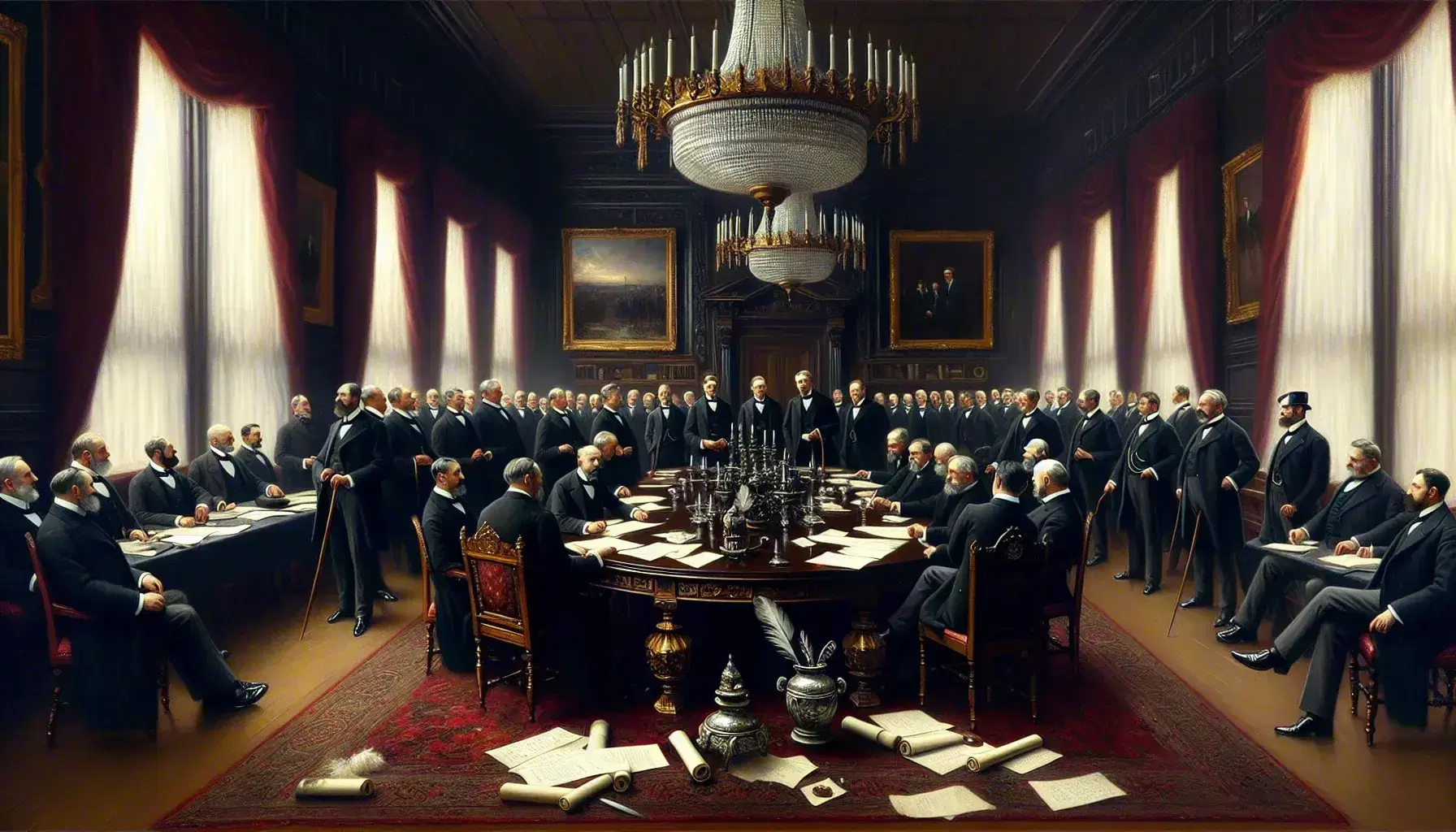 Grupo de hombres en atuendos formales de principios del siglo XX reunidos en un salón elegante con mesa grande, documentos, plumas y candelabro de cristal.