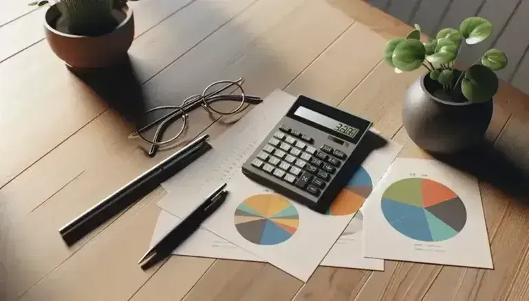 Mesa de madera con calculadora apagada, gráficos circulares sin etiquetar, gafas metálicas y bolígrafo, junto a planta en maceta.