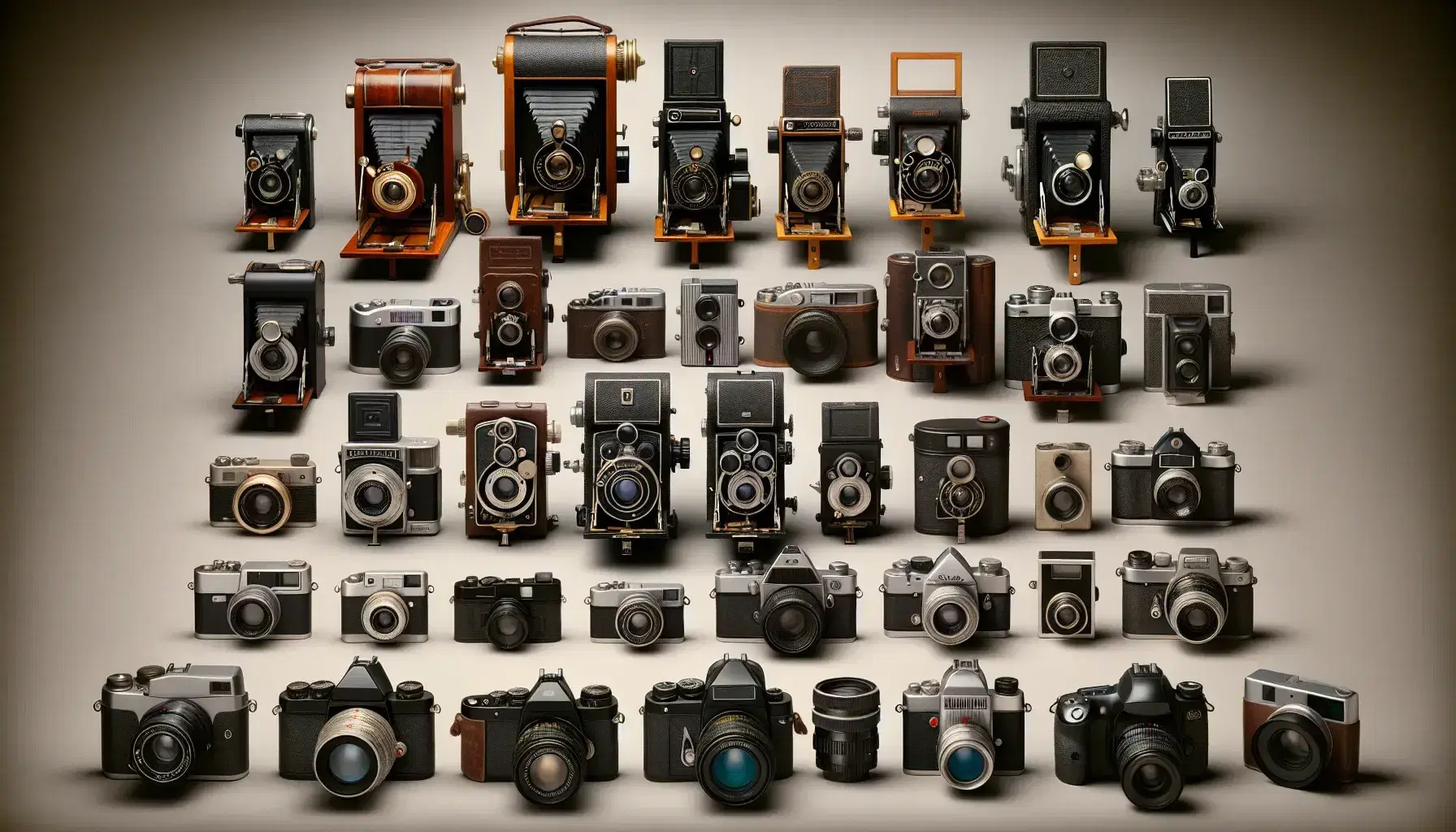 Assortimento cronologico di macchine fotografiche, da antiche camere oscure a moderne digitali, su sfondo neutro.