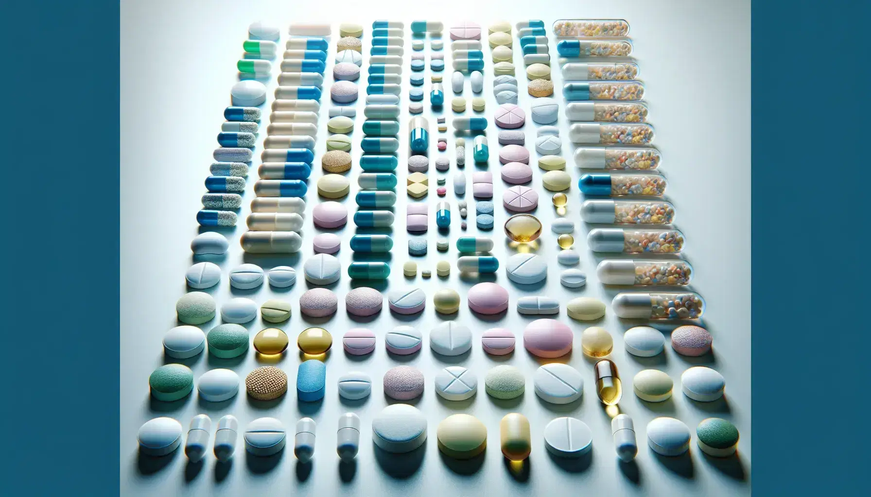 Assortment of medicinal pills and capsules of various shapes and colors arranged neatly on white surface, without harsh shadows.