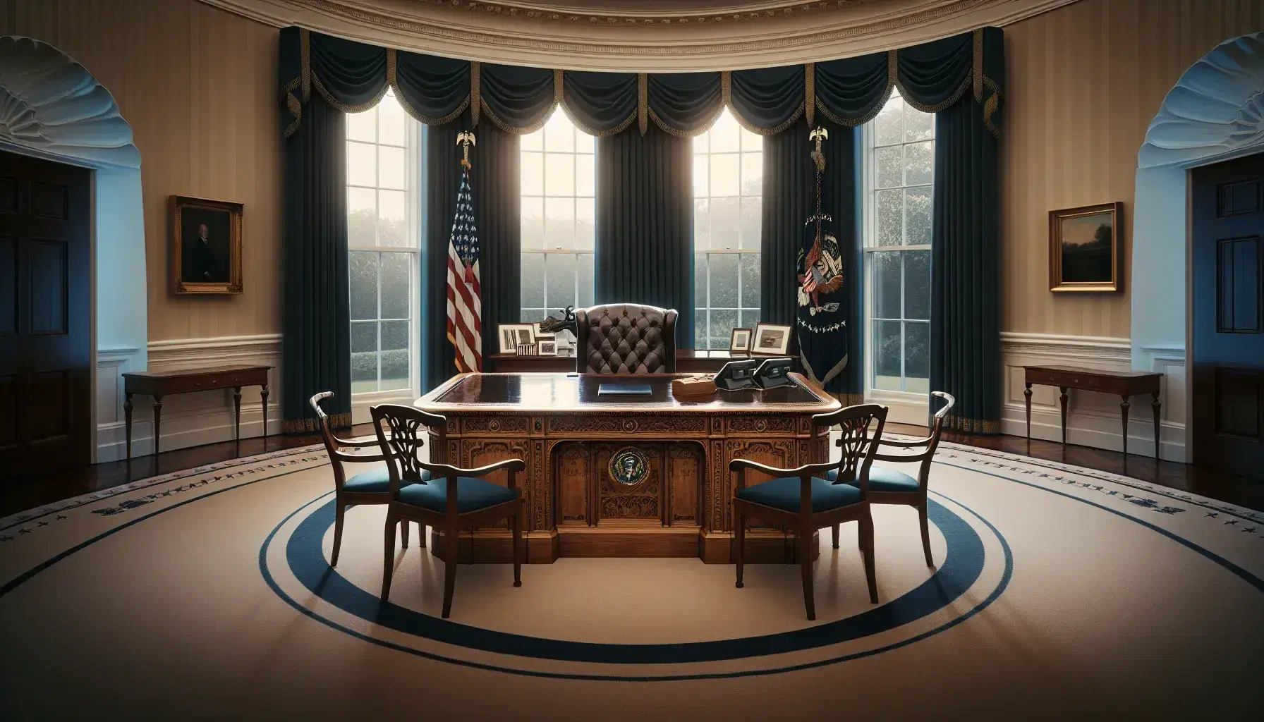 Oval Office interior with the Resolute desk, navy blue curtains, American flags, landscape paintings, and a traditional phone set.