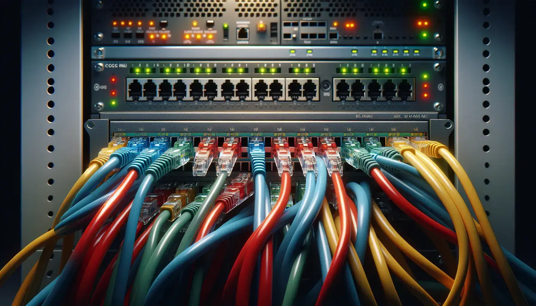Cables de red de colores rojo, azul, verde y amarillo conectados a un panel de parcheo en un rack de servidor con un switch parcialmente visible.